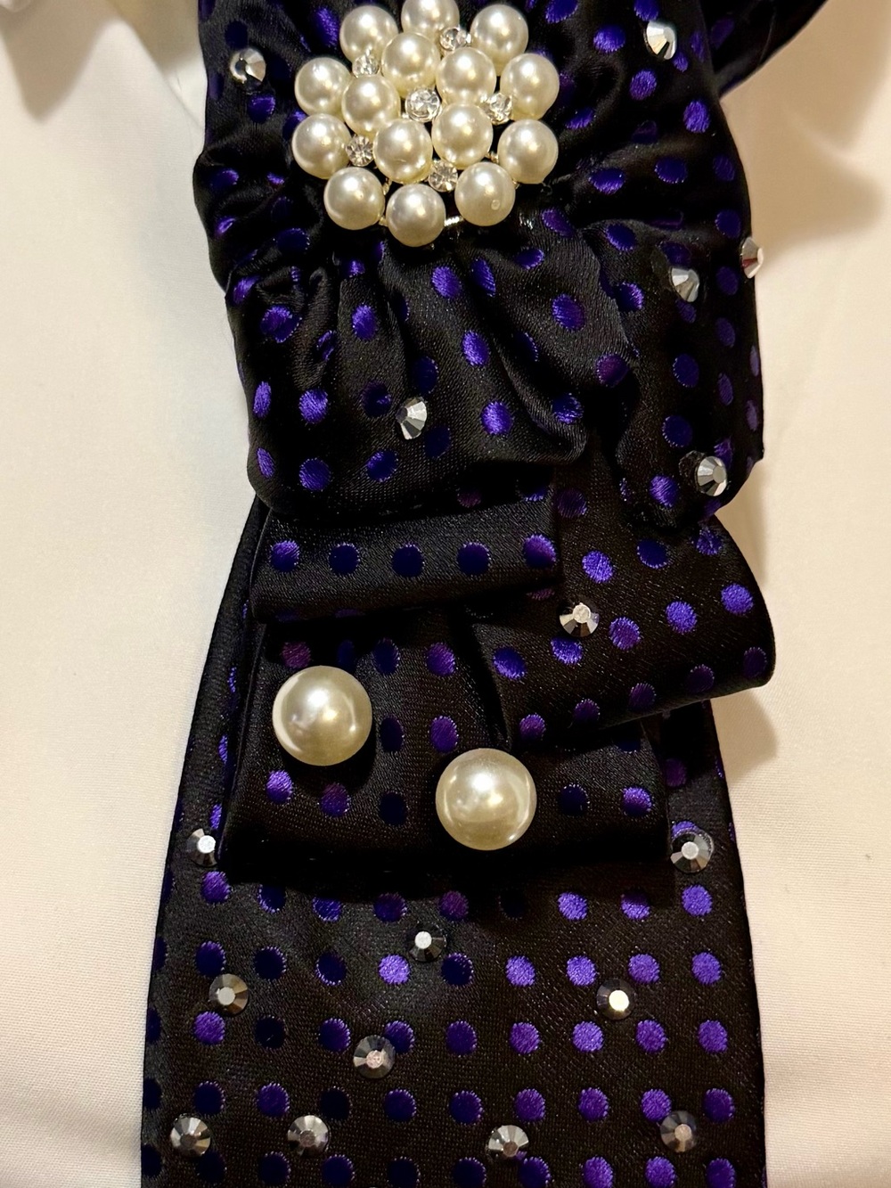 Black Satin Polka Dot Brooch Tie Necklace with Pearl Accents - Picture 2 of 4